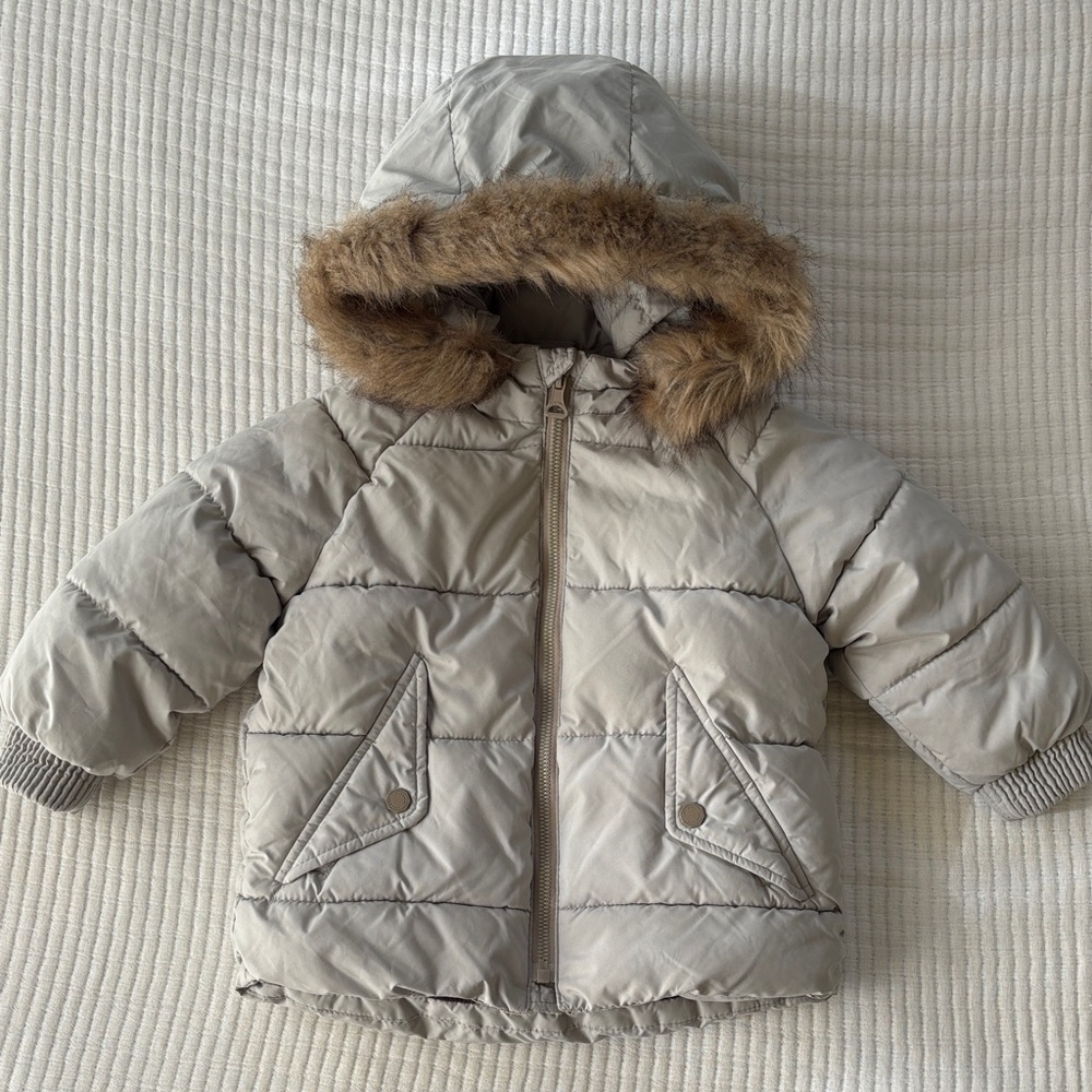 Zara Baby Gray Puffer Jacket with Faux Fur Trim Hood - Picture 1 of 14